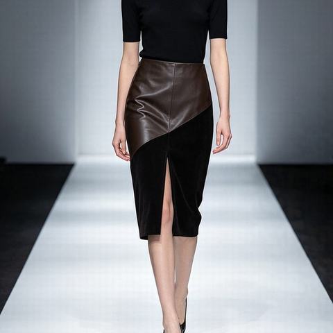 HN2093 Micro Stretch Spliced Suede Front Slit Back Elastic Waist Commuter Leather Midi Skirt Women's 100% Sheepskin Pencil Skirt