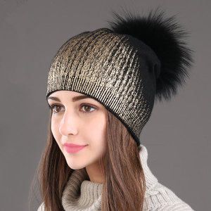 2024 hiver chaud laine tricoté chapeau femmes chaud or argent chapellerie boule de poils <span class=keywords><strong>fourrure</strong></span> haute qualité laine Slough <span class=keywords><strong>pompon</strong></span> chapeau - Product Image 6