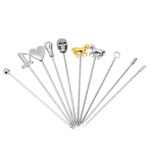 Different Shapes Metal Reusable Cocktail Picks Custom Stainless Steel Fruits Sticks Martini Olive Skewers