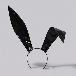 E0051 <span class=keywords><strong>Bandeau</strong></span> en cuir verni noir avec oreilles de lapin asymétriques et pliables pour cosplay de lapin, Halloween, fête - Product Image 1