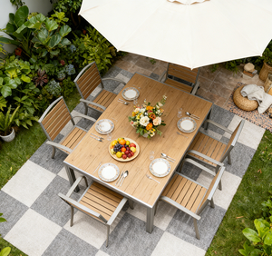 Fauteuil <span class=keywords><strong>de</strong></span> <span class=keywords><strong>jardin</strong></span> empilable moderne pour l'extérieur, composé d'<span class=keywords><strong>aluminium</strong></span> <span class=keywords><strong>et</strong></span> <span class=keywords><strong>de</strong></span> composites bois-plastique, idéal pour les espaces extérieurs - Product Image 1