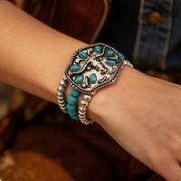 Bracelet multicouche ethnique vintage en perles, motif tête de taureau turquoise, style cowboy western, empilable