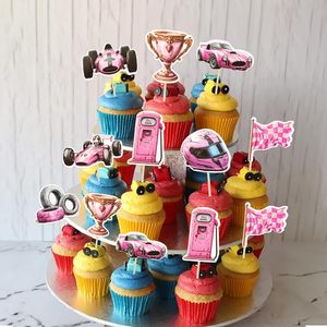 ท็อปเปอร์เค้กรถแข่งสีชมพู ธงลายตาราง ล้อรถ ถ้วยรางวัล หมวกกันน็อค สำหรับตกแต่ง<span class=keywords><strong>เค้ก</strong></span>งานเลี้ยงวันเกิดหรืองานฉลองวันเกิดเด็ก - Product Image 5