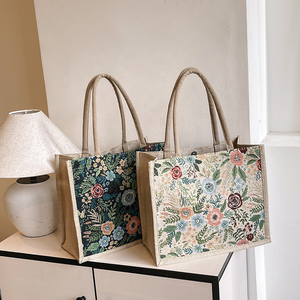 Style coréen mignon Bento sac dessin animé floral sac à provisions Vintage lin coton fourre-tout sacs à main pour les femmes - Product Image 1