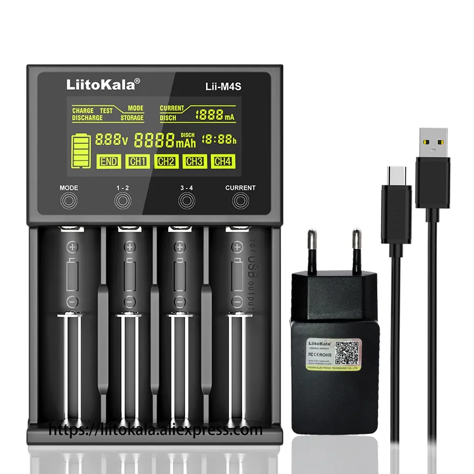 Liitokala Lii-M4S LCD mit 4 Entladeschlitzen 3,7 V 1,2 V Multifunktion 18650 26650 21700 17355 18350 14500 AA AAA-Akkus