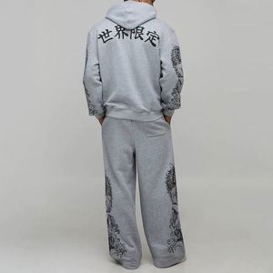 Sweat-shirt à capuche gris chiné imprimé dragon, pantalon de survêtement oriental à jambes larges, ensemble deux pièces personnalisé pour homme - Product Image 2