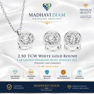 2.50 TCW White <b>Gold</b> Round Lab Grown Diamond Bezel Jewelry Set in 18K <b>Solid</b> <b>Gold</b> - <b>Pendant</b> and Earrings - Product Image 1