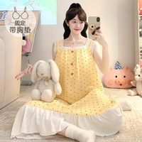 Ensemble de pyjama d'été style princesse avec soutien-gorge rembourré, bretelles spaghetti, robe de nuit longue, microfibre respirante, taille élastique, grande taille