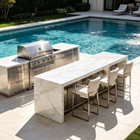 Îlot de cuisine extérieur moderne Hongsi HS-2033 en acier inoxydable avec barbecue, évier, comptoir en marbre, résistant au feu, luxe, pour cuisson au bord de la piscine