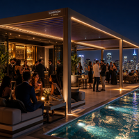 Pergola bioclimatique de luxe moderne gris spatial, série E, avec toit à lames motorisées intégrées à LED, kit de gazebo écologique