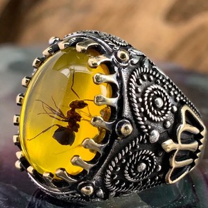 Toptan Moda Vintage İki Renkli Çoklu Renkler Suudi Arabistan El Yapımı Gümüş Oval Kesim Değerli Taş Sarı Akik Yüzükler Erkekler İçin - Product Image 1