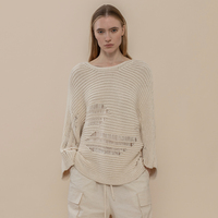 Pull en coton 100% 3GG à manches chauve-souris et col bateau pour femme, pull déchiré décontracté à col rond pour femme
