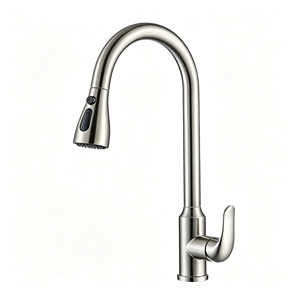 Robinet de cuisine commercial au design moderne, fabriqué en Allemagne, à poignée unique, en acier inoxydable nickel brossé, avec douchette extractible - Product Image 1
