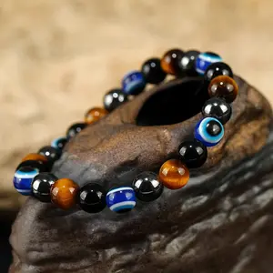 Hot Sale Fashionable Men's Women's Evil Eye Beaded Bracelet Single Circle Tiger Eye Natural Obsidian Stone Pearl Wholesale