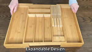 Plateau rectangulaire extensible en bambou, organisateur de couverts en bois réglable avec bloc à couteaux détachable, rangement multifonctionnel naturel - Product Image 2