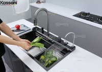 Évier de cuisine multifonction à cascade, cuve unique, fait main en acier inoxydable 304 avec robinet numérique, design moderne