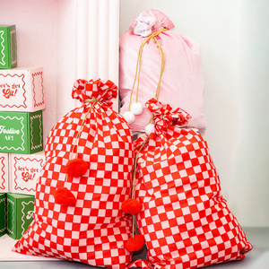 <span class=keywords><strong>Pompon</strong></span> rouge à carreaux personnalisés Grand sac cadeau à carreaux en or avec cordon de serrage Sacs de Père Noël pour enfants vierges - Product Image 2