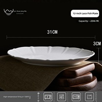 Plat de service pour poisson en porcelaine blanche de 12 pouces, motif dentelle en relief, pour fruits de mer, personnalisable
