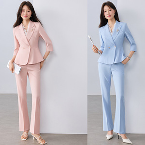 Women's Suit Set Pink Blue Three Quarter Sleeve Blazer Pants Casual Work Wear Anti Wrinkle Worsted Fabric - Product Image 1