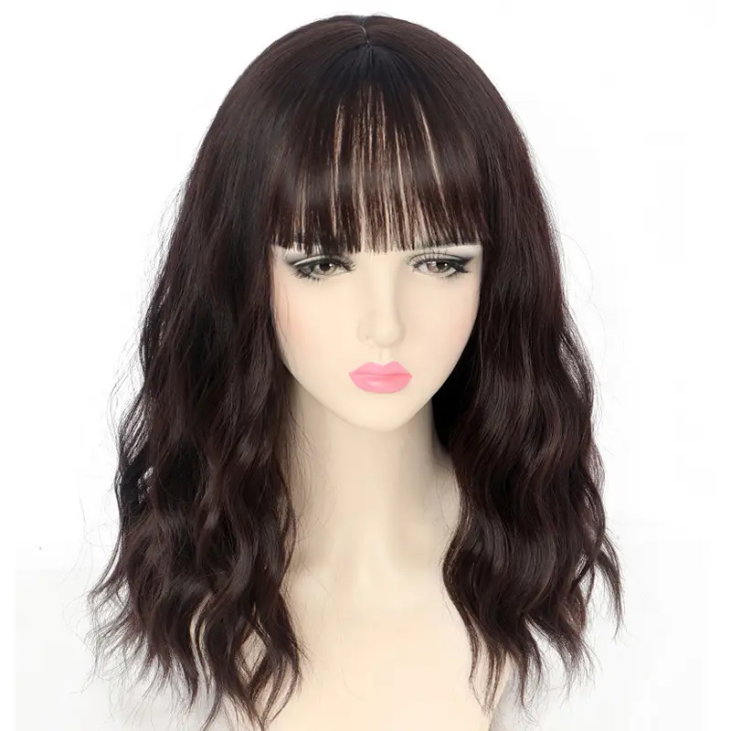 Fashion Entranced Styles 14 Inches Black Wigs With Bangs Natural Looking Synthetic Wavy Bob Wig