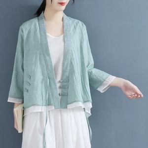 Traditional Chinese Women's Loose Fit Cotton Blouse Three-Quarter Sleeve Pink Embroidery Top - Product Image 3