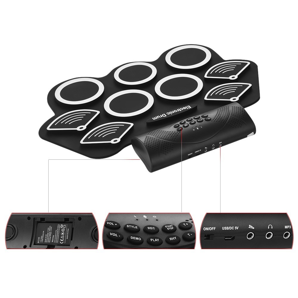 Batterie Électronique LED Portable avec 9 Pads en Silicone, batterie électroniqu