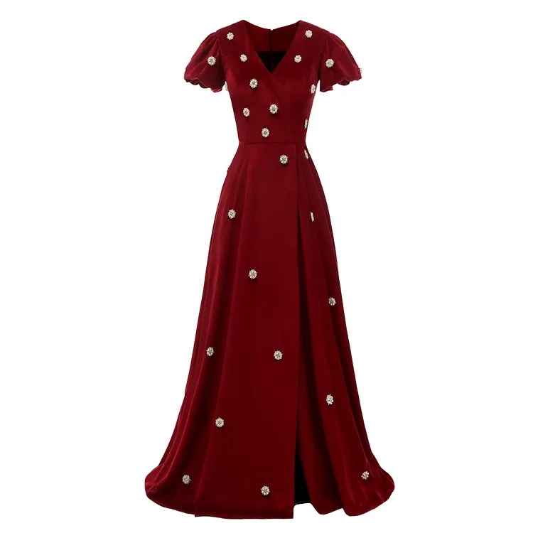 FANWEIMEI #3002 Auf Lager Echtes Bild Abendkleid Kleid A-Linie Red Pearl Velvet Perlen Kurzarm Braut Hochzeits kleid