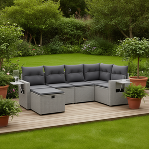 Conjunto de Sofás de Jardín de Mimbre Sintético Gris, 6 Plazas, Muebles de Exterior con Almacenamiento, Diseño Contemporáneo - Product Image 2