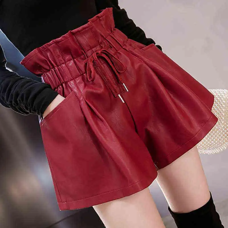Pantalones cortos de pierna ancha para mujer, shorts de cuero artificial, elásticos, de cintura alta, con bolsillo, coreanos, 2022