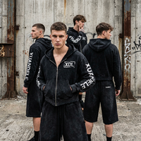 Ensemble short et sweat à capuche zippé imprimé pour homme, style streetwear, délavé à l'acide, effet vieilli, 2 pièces