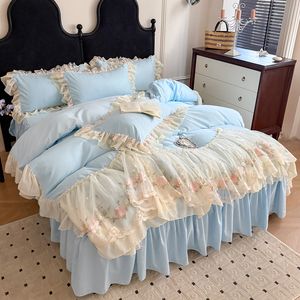Parure de lit en coton style princesse coréenne 4 pièces avec broderie et dentelle, housse de couette, drap plat et drap-housse pour usage domestique - Product Image 4