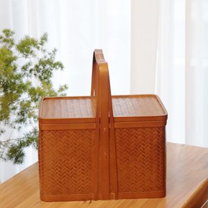 <b>Bamboo</b> Woven Basket Rectangle Handmade Food <b>Container</b> Kitchen Storage Single Tier Gift Box - Product Image 1