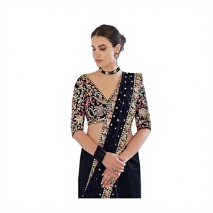 Sari indio de Bollywood, el más vendido, de georgette, elegante, negro, para invierno, estilo étnico, con blusa sexy y moderna, ideal para fiestas y Diwali. - Product Image 3