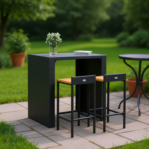 Ensemble de 2 tabourets de bar en rotin noir pour jardin, utilisation en extérieur, résistant aux intempéries, design contemporain, siège en bois massif - Product Image 2