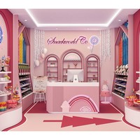 Meubles de magasin de bonbons roses, éclairage LED moderne, écologiques, robustes, durables, stand de vente de bonbons, étagères de présentation de desserts