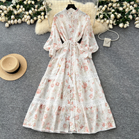 Robe longue décontractée pour femme, imprimé floral, patchwork de dentelle, coupe trapèze, col montant, manches 3/4, taille à nouer, élégante, pour le quotidien et les vacances