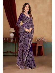 Sari élégant en satin Fandy brodé, orné de perles de luxe et d'un chemisier de créateur fait main inclus, idéal pour les mariages, réceptions et fêtes. - Product Image 3
