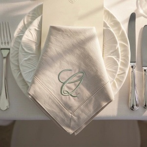 Hemstitch <b>Linen</b>/Cotton <b>Linen</b> <b>Cloth</b> Napkins Monogram Custom Design 100% <b>Linen</b> Scalloped Embroidered Edge <b>Table</b> Placemat Dining - Product Image 4
