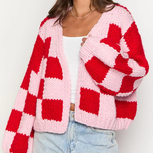 Suéter Cárdigan de Punto Grueso con Botones y Bordado <span class=keywords><strong>a</strong></span> Cuadros Rosa y Rojo, Estilo Americano Informal de Invierno para Mujer, Venta al Por Mayor - Product Image 1