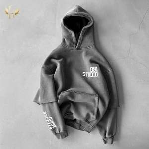 Vente en gros de sweat à capuche vintage 100% coton délavé à l'acide manches double couche 460 g/m² de couture brute sans cordon de serrage pour l'hiver - Product Image 2