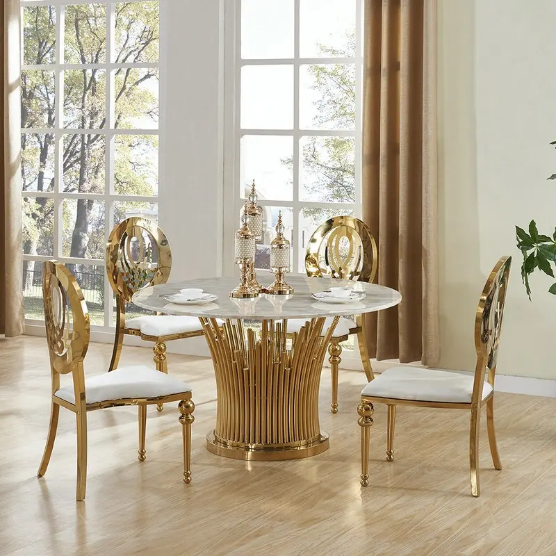 الذهب الفولاذ المقاوم للصدأ الزجاج أو الرخام جولة طاولات الطعام و كرسي ل قطع أثاث لغرفة الطعام