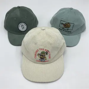 Atacado Alta Qualidade 6 Painel Unstructured Corduroy Hat Com Logotipo Bordado Personalizado Borda Plana Corduroy Hat