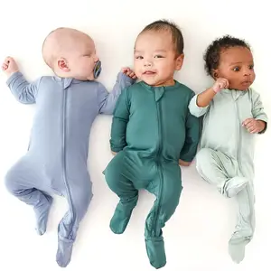 IBaifei Vêtements en bambou biologique à impression réactive personnalisée Barboteuses pour bébés avec fermeture éclair Barboteuses d'été en bambou unies pour bébés garçons et filles