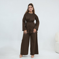 Ensemble Abaya en polyester à manches longues, deux pièces, pantalon ample à taille nouée, pantalon large uni, tenue pour femmes musulmanes