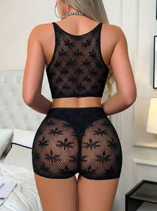 Completo Intimo Sexy <span class=keywords><strong>a</strong></span> <span class=keywords><strong>Rete</strong></span> Trasparente Nero da Donna in Due Pezzi con Bretelle per la Notte - Product Image 5
