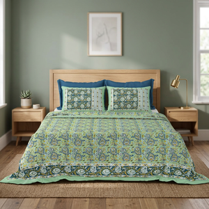 Parure de lit en coton blanc à imprimé floral style indien Jaipuri, taille King, avec housses de coussin, pour chambre à coucher bohème - Product Image 3