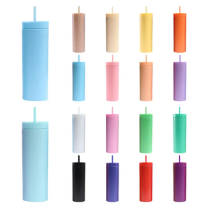 Gobelets personnalisés en plastique à double paroi de 16 oz, colorés, fins, avec couvercle et paille, pour l'eau, le lait, les fêtes - Product Image 1