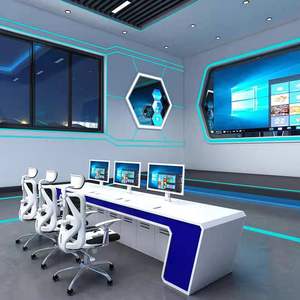 <span class=keywords><strong>Console</strong></span> de contrôle de <span class=keywords><strong>bureau</strong></span> en bois moderne et durable, armoires de rangement réglables, support multi-écrans, design incurvé, laqué <span class=keywords><strong>blanc</strong></span> et bleu - Product Image 3