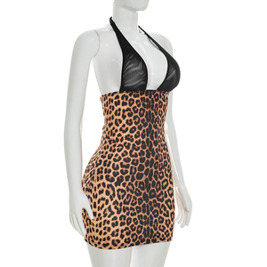 Robe moulante mini sexy sans manches à imprimé léopard et bretelles halter pour femme Viviblook D26DS170 - Product Image 4