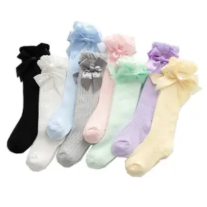 Chaussettes d'été pour bébé fille, mignon, gros nœuds, coton doux, élastique, couleur unie, maille, chaussettes pour nouveau-né, genou haut, chaussettes pour enfant en bas âge, nouvelle collection